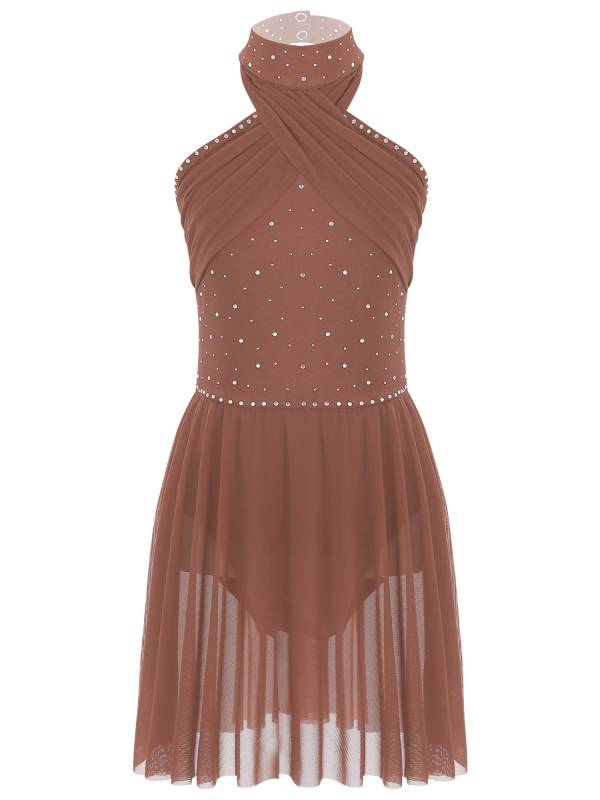 Kids Girls Halter Neck Sleeveless Rhinestones Mesh Skating Leotard Dress thumb
