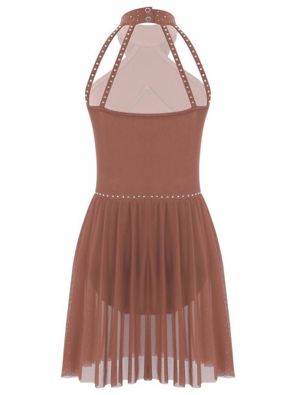 Kids Girls Halter Neck Sleeveless Rhinestones Mesh Skating Leotard Dress thumb