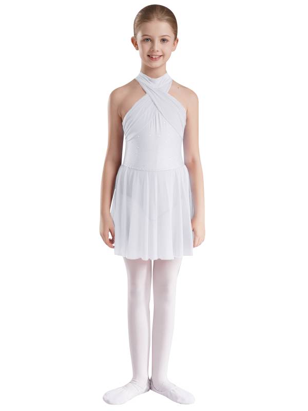 Kids Girls Halter Neck Sleeveless Rhinestones Mesh Skating Leotard Dress thumb