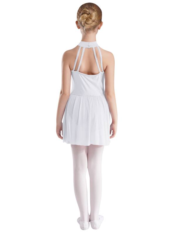 Kids Girls Halter Neck Sleeveless Rhinestones Mesh Skating Leotard Dress thumb