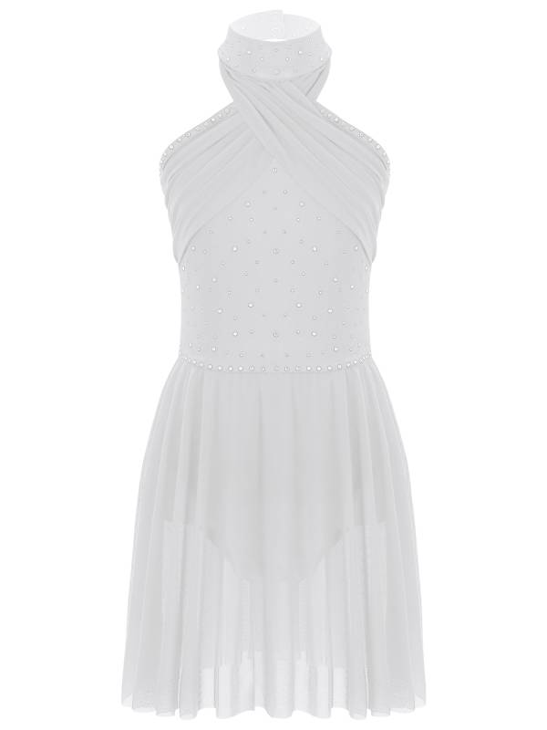 Kids Girls Halter Neck Sleeveless Rhinestones Mesh Skating Leotard Dress thumb