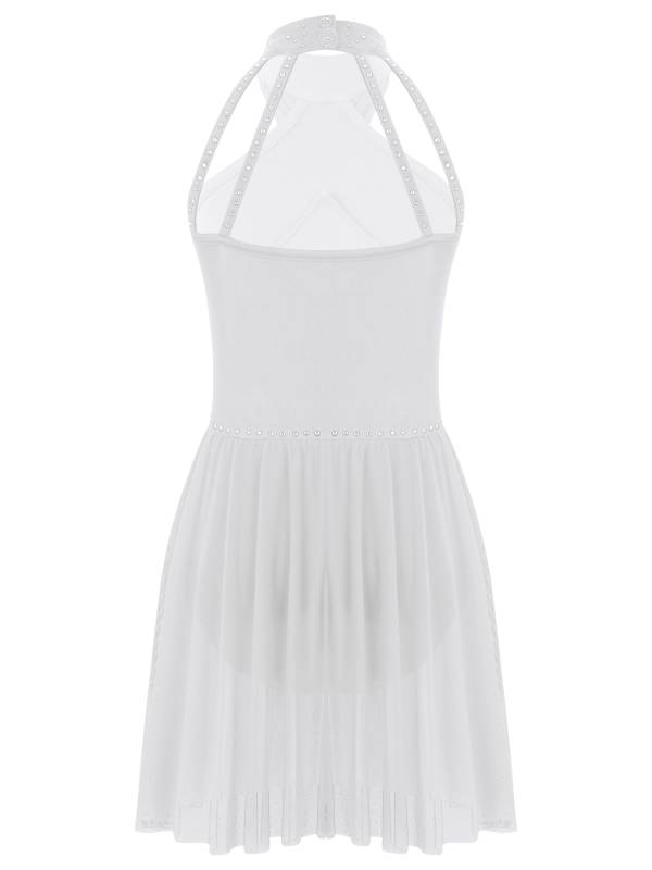 Kids Girls Halter Neck Sleeveless Rhinestones Mesh Skating Leotard Dress thumb