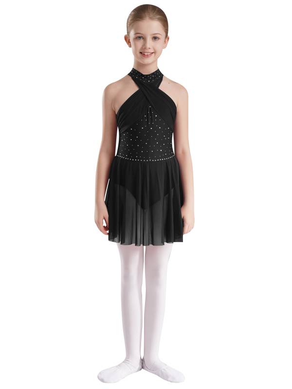 Kids Girls Halter Neck Sleeveless Rhinestones Mesh Skating Leotard Dress thumb