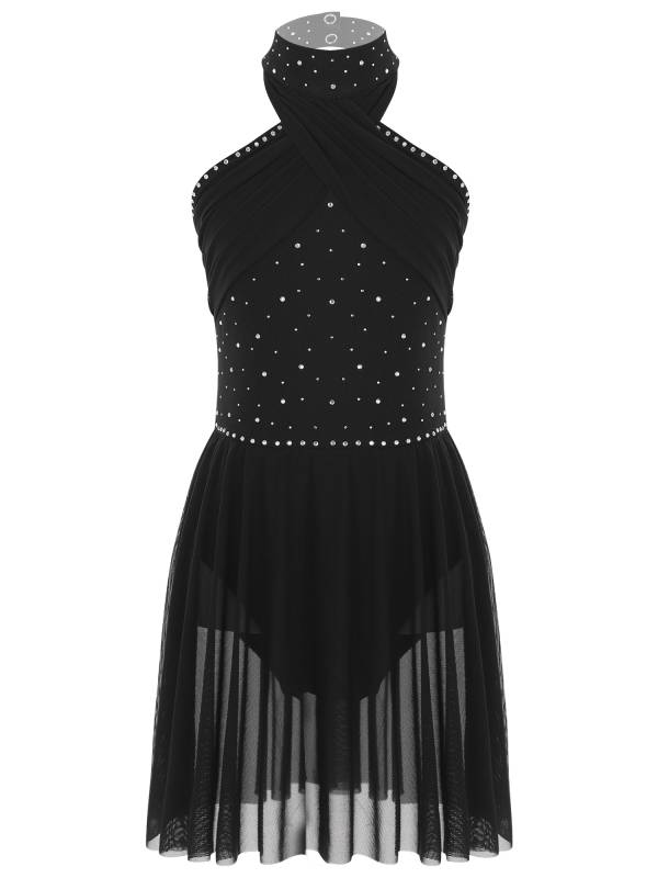 Kids Girls Halter Neck Sleeveless Rhinestones Mesh Skating Leotard Dress thumb