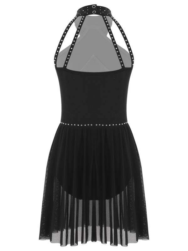 Kids Girls Halter Neck Sleeveless Rhinestones Mesh Skating Leotard Dress thumb