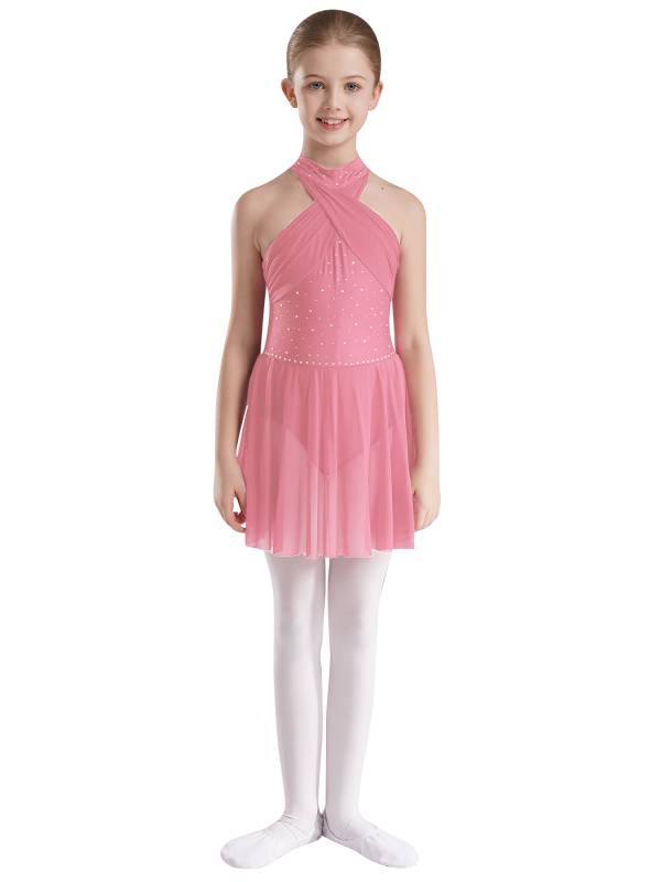 Kids Girls Halter Neck Sleeveless Rhinestones Mesh Skating Leotard Dress thumb