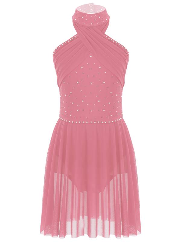 Kids Girls Halter Neck Sleeveless Rhinestones Mesh Skating Leotard Dress thumb