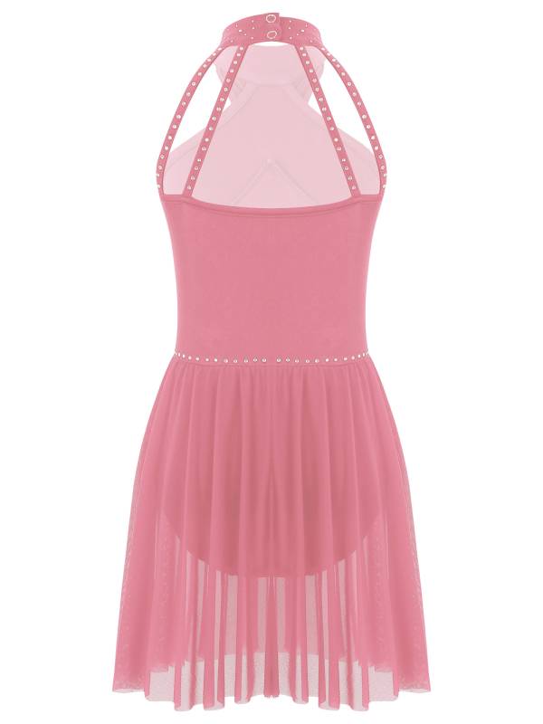 Kids Girls Halter Neck Sleeveless Rhinestones Mesh Skating Leotard Dress thumb
