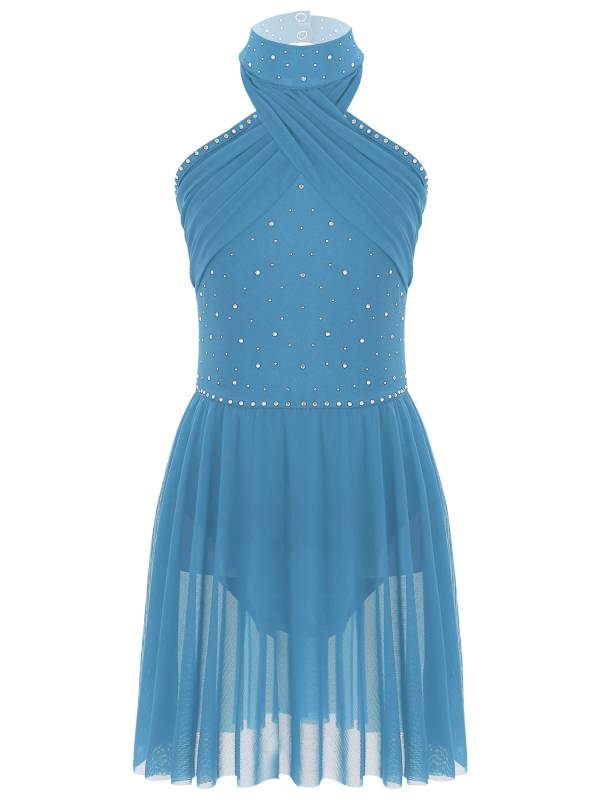 Kids Girls Halter Neck Sleeveless Rhinestones Mesh Skating Leotard Dress thumb