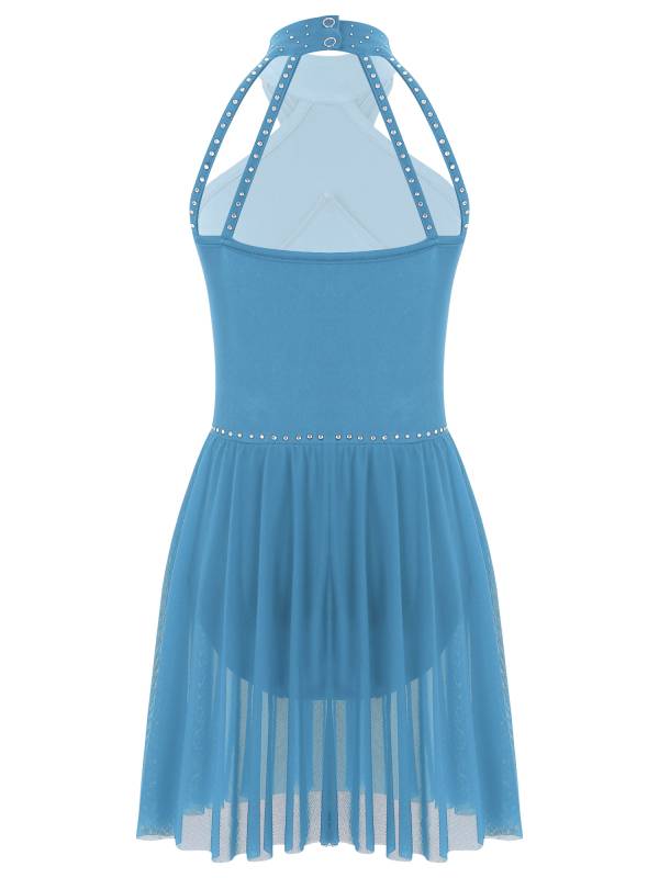 Kids Girls Halter Neck Sleeveless Rhinestones Mesh Skating Leotard Dress thumb