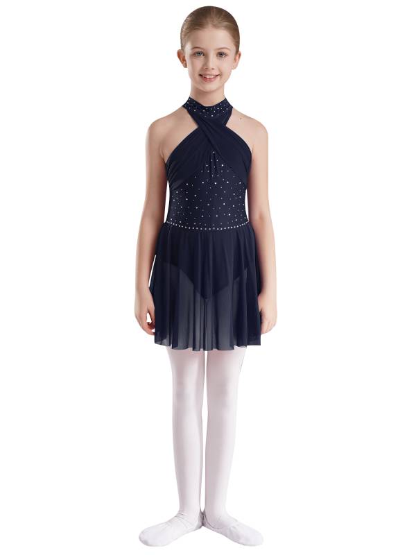 Kids Girls Halter Neck Sleeveless Rhinestones Mesh Skating Leotard Dress thumb