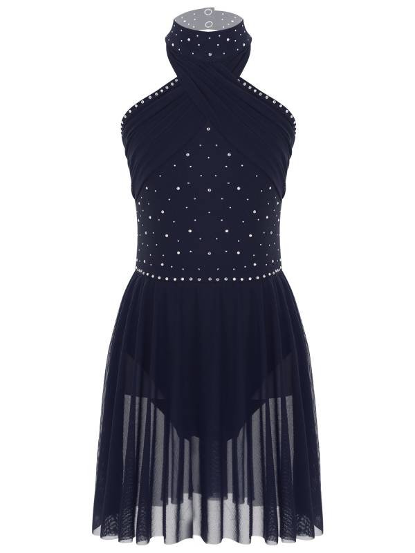 Kids Girls Halter Neck Sleeveless Rhinestones Mesh Skating Leotard Dress thumb