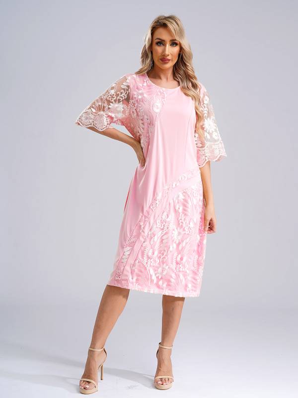 Women Plus Size Embroidery Round Neck Short Sleeve Tea Length Cocktail Dress thumb