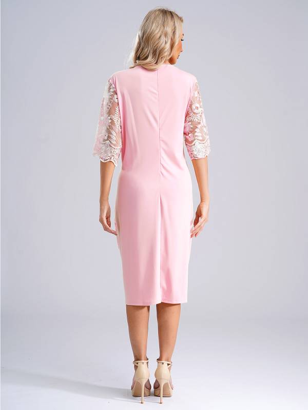 Women Plus Size Embroidery Round Neck Short Sleeve Tea Length Cocktail Dress thumb