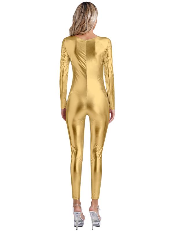 Women Long Sleeve Metallic Slim Fit Full Body Jumpsuit thumb
