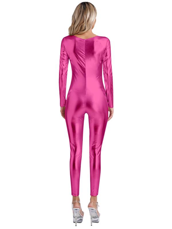 Women Long Sleeve Metallic Slim Fit Full Body Jumpsuit thumb