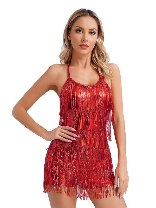 Women Sequin Halter Neck Backless Tassel Romper for Latin Dance Cocktail thumb