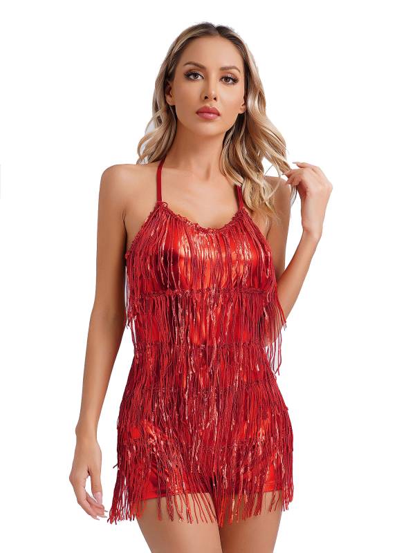 Women Sequin Halter Neck Backless Tassel Romper for Latin Dance Cocktail thumb