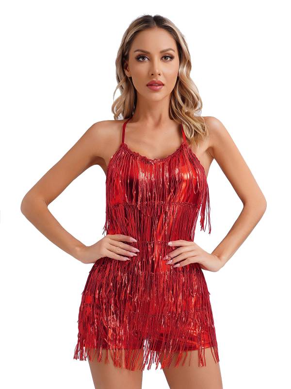 Women Sequin Halter Neck Backless Tassel Romper for Latin Dance Cocktail thumb