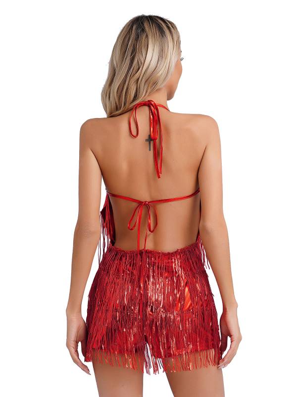 Women Sequin Halter Neck Backless Tassel Romper for Latin Dance Cocktail thumb
