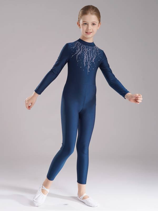 Kids Girls Long Sleeve Glittery Rhinestones Gymnastics Unitard thumb