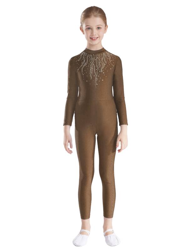 Kids Girls Long Sleeve Glittery Rhinestones Gymnastics Unitard thumb