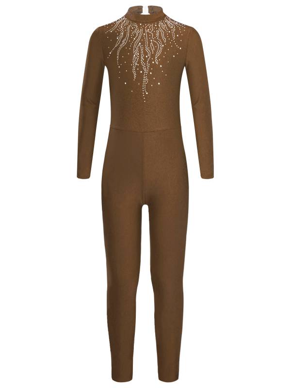 Kids Girls Long Sleeve Glittery Rhinestones Gymnastics Unitard thumb