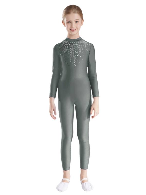 Kids Girls Long Sleeve Glittery Rhinestones Gymnastics Unitard thumb