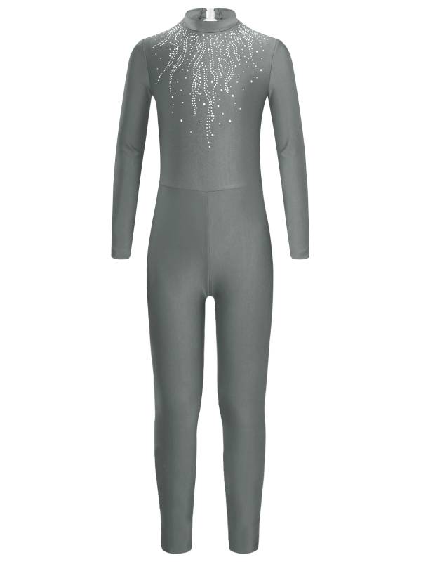 Kids Girls Long Sleeve Glittery Rhinestones Gymnastics Unitard thumb