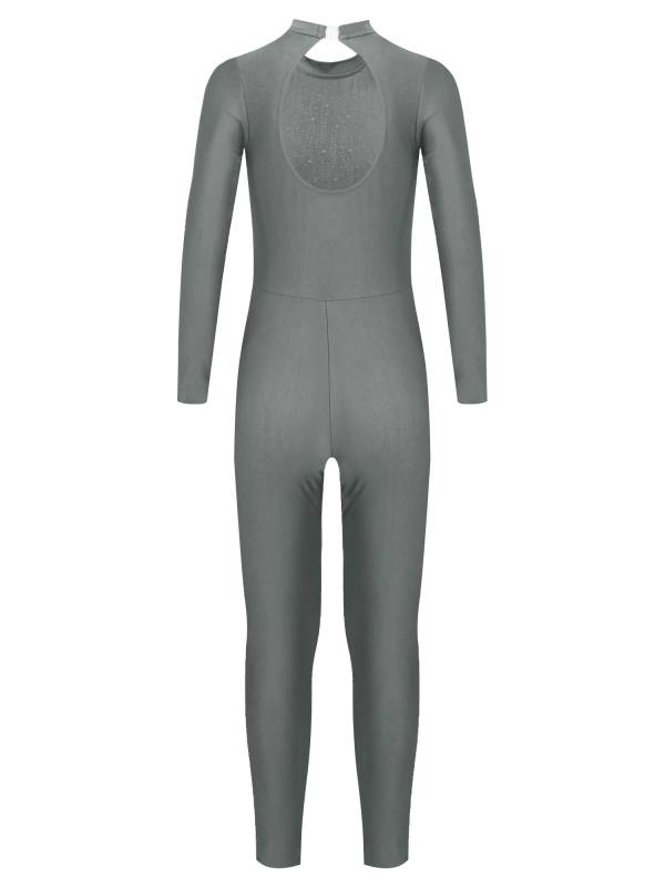 Kids Girls Long Sleeve Glittery Rhinestones Gymnastics Unitard thumb