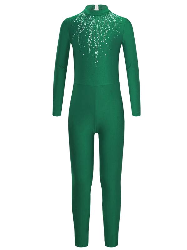 Kids Girls Long Sleeve Glittery Rhinestones Gymnastics Unitard thumb