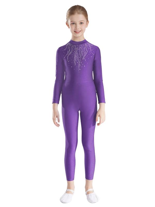 Kids Girls Long Sleeve Glittery Rhinestones Gymnastics Unitard thumb
