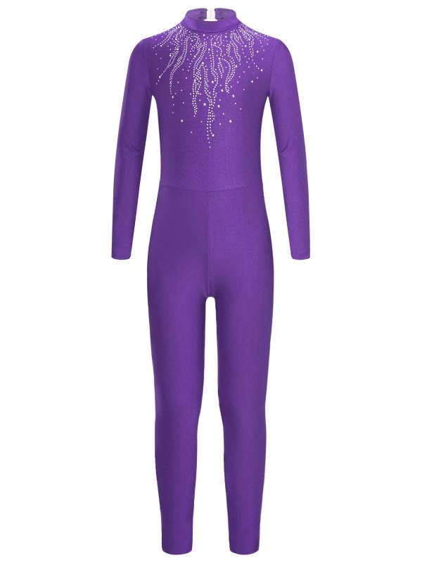 Kids Girls Long Sleeve Glittery Rhinestones Gymnastics Unitard thumb