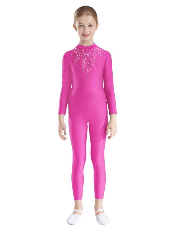 Kids Girls Long Sleeve Glittery Rhinestones Gymnastics Unitard thumb