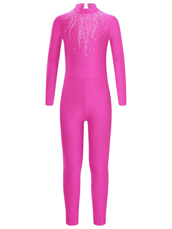 Kids Girls Long Sleeve Glittery Rhinestones Gymnastics Unitard thumb