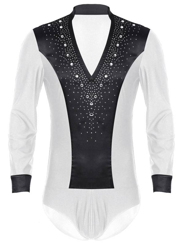 Men V Neck Long Sleeve Satin Patchwork Leotard for Latin Dance Figure Skating thumb