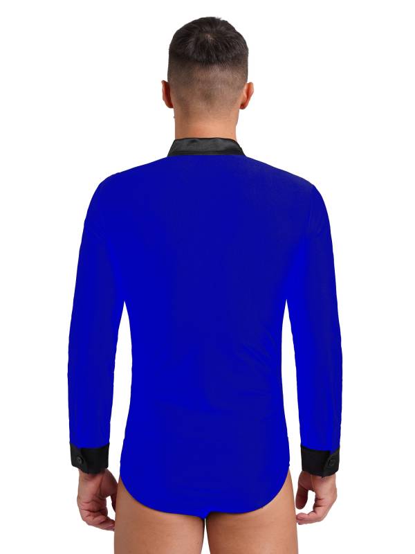 Men V Neck Long Sleeve Satin Patchwork Leotard for Latin Dance Figure Skating thumb