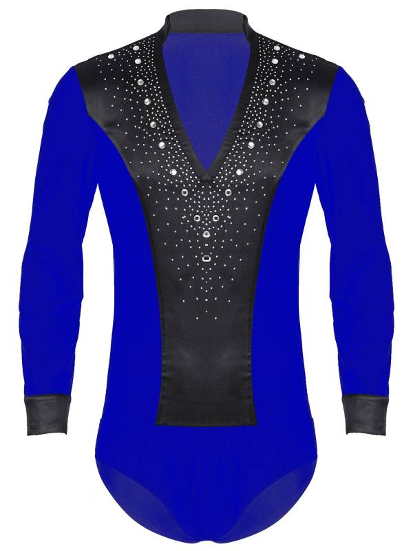 Men V Neck Long Sleeve Satin Patchwork Leotard for Latin Dance Figure Skating thumb