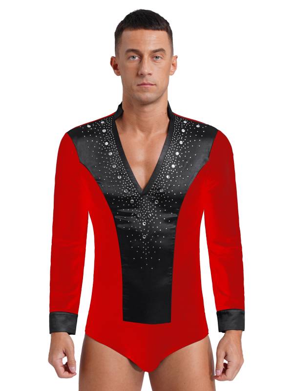 Men V Neck Long Sleeve Satin Patchwork Leotard for Latin Dance Figure Skating thumb