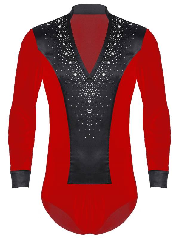 Men V Neck Long Sleeve Satin Patchwork Leotard for Latin Dance Figure Skating thumb