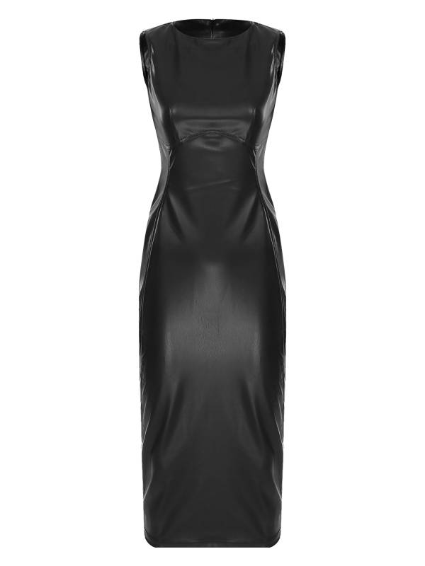 Women Sleeveless PU Leather Bodycon Ankle Length Cocktail Dress thumb