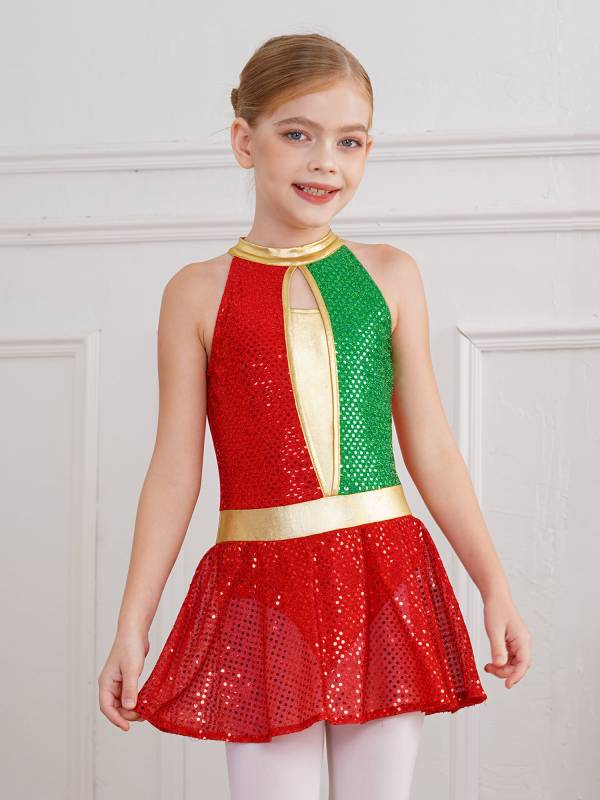 Kids Girls Christmas Halter Neck Sleeveless Sequins Latin Dance Leotard Dress thumb
