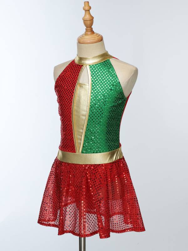 Kids Girls Christmas Halter Neck Sleeveless Sequins Latin Dance Leotard Dress thumb