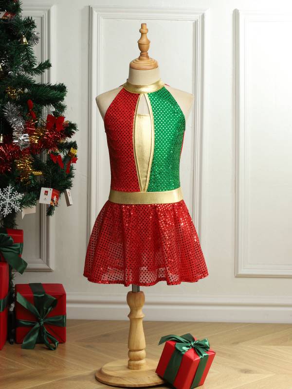 Kids Girls Christmas Halter Neck Sleeveless Sequins Latin Dance Leotard Dress thumb