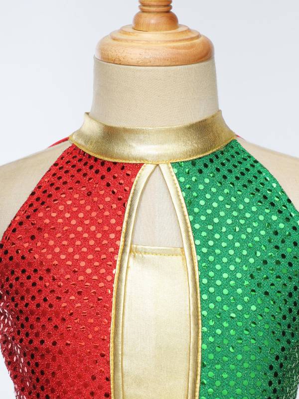 Kids Girls Christmas Halter Neck Sleeveless Sequins Latin Dance Leotard Dress thumb