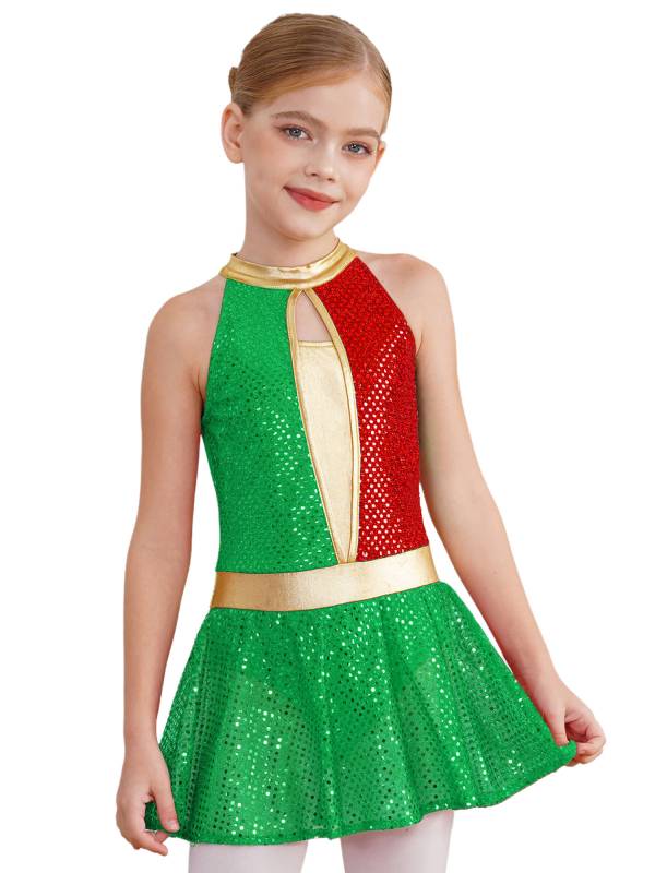 Kids Girls Christmas Halter Neck Sleeveless Sequins Latin Dance Leotard Dress thumb