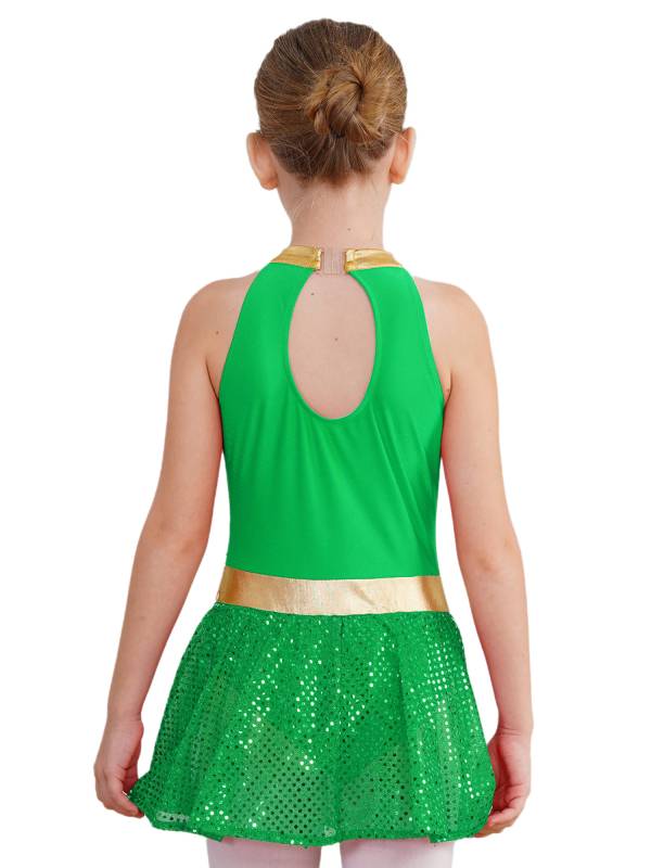 Kids Girls Christmas Halter Neck Sleeveless Sequins Latin Dance Leotard Dress thumb