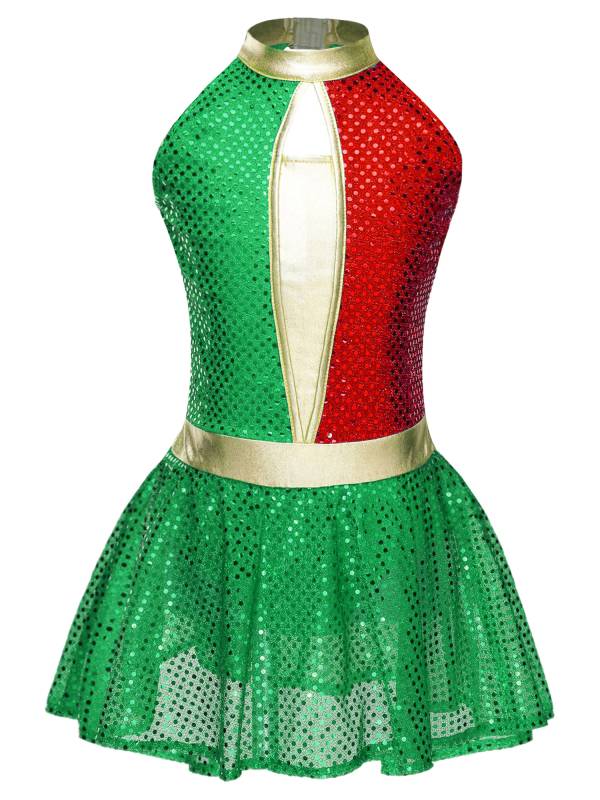Kids Girls Christmas Halter Neck Sleeveless Sequins Latin Dance Leotard Dress thumb