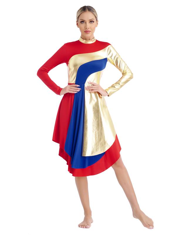 Women Long Sleeve Colorblock Liturgical Worship Dance Dresses thumb