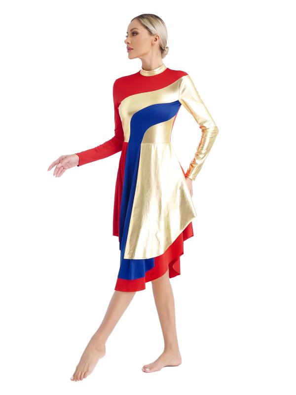 Women Long Sleeve Colorblock Liturgical Worship Dance Dresses thumb